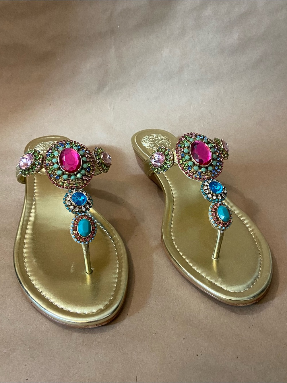 Vince Camuto Gold Jeweled T-Strap Sandals with Pink and Turquoise Gems